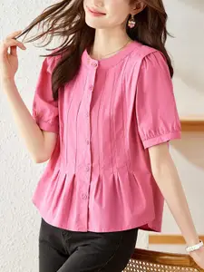 StyleCast Women Round Neck Puff Sleeves Pleated Cotton Top
