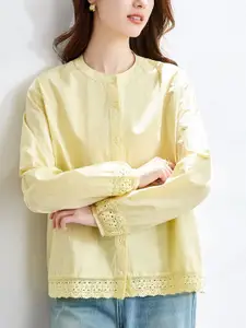 StyleCast Women Band Collar Puff Sleeves Schiffli Shirt Style Cotton Top