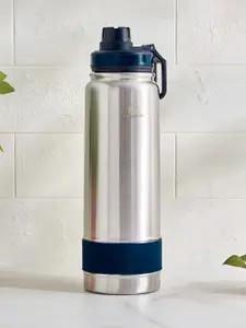 Home Centre Silver-Toned & Navy Blue Single Stainless Steel Printed Water Bottle