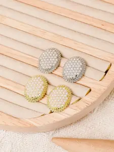 KRENOZ Set Of 2 Gold-Plated Pearls Beaded Oval Studs