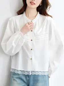 StyleCast Women Solid Round Neck Lace Detail Shirt Top