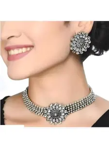 Sangria Silver-Toned Oxidised Necklace and Earrings