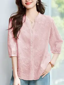 StyleCast Pink V-Neck Floral Top with Three-Quarter Sleeves