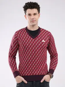 Monte Carlo Men Geometric Self Design V-Neck Woollen Pullover