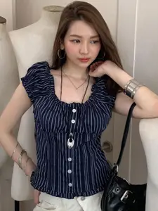 StyleCast  Women Striped Round Neck Puff Sleeves Top