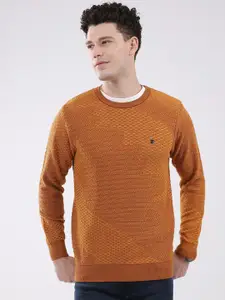 Monte Carlo Men Open Knit Self Design Round Neck Ribbed Pullover Sweater