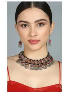 Sangria Silver-Toned Oxidised Necklace and Earrings