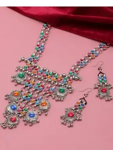 Sangria Silver-Toned Oxidised Necklace and Earrings