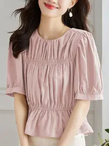 StyleCast Women Pink Solid Puff Sleeves Gathered Top