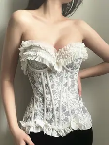 StyleCast Women Strapless Lace Corset Top with Floral Pattern