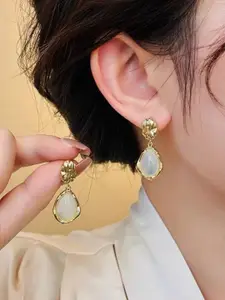 Celestique Korean Gold Plated Stones Studded Teardrop Shaped Drop Earrings
