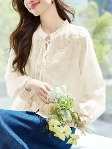 StyleCast Floral Embroidered Tie-Up Neck Cotton Top
