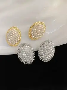KRENOZ Set Of 2 Gold-Plated Pearls Beaded Oval Studs