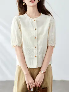 StyleCast Self Design Puff Sleeves Cotton Shirt Style Top