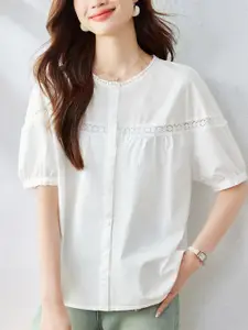 StyleCast Women Round Neck Puff Sleeves Lace Inserts Cotton Top