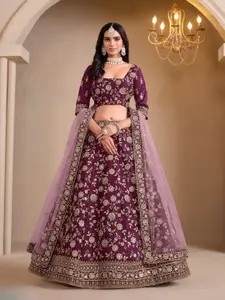 ODETTE Floral Embroidered Square Neck Sequinned Semi-Stitched Lehenga Choli