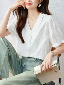 StyleCast Floral Embroidered V-Neck Puff Sleeves Cotton Top