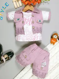 JIYAN FASHION WORLD Girls Printed Short Sleeves T-shirt With Shorts