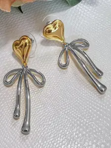 KRENOZ Gold-Plated Heart and Bow Shaped Dual-Tone Drop Earrings