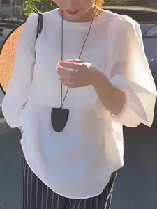 StyleCast  Women  Round Neck Cuffed Sleeves Cotton Shirt Style Top