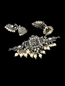 Sangria Silver-Toned Oxidised Necklace and Earrings