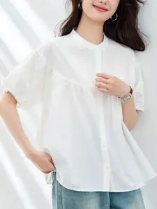 StyleCast Women Shirt Collar Puff Sleeves Cotton Top