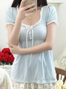 StyleCast Women Scoop Neck Puff Sleeves Casual Top