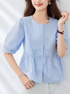 StyleCast Women Round Neck Embroidered Cotton Shirt Style Top