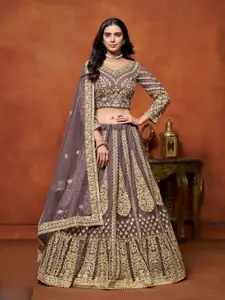 ODETTE Embroidered Thread Work Net Semi-Stitched Lehenga & Unstitched Blouse With Dupatta