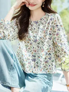StyleCast Women Floral Printed Cuffed Sleeves Cotton Shirt Style Top