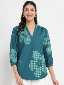 Pink Fort Teal Cotton Floral V-Neck Top