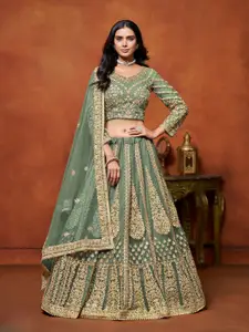 ODETTE Embroidered Thread Work Net Semi-Stitched Lehenga & Unstitched Blouse With Dupatta