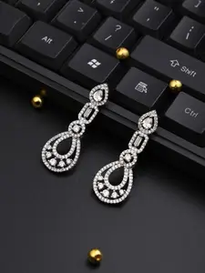 Anvik Rhodium-Plated American Diamond Studded Teardrop Shaped Drop Earrings