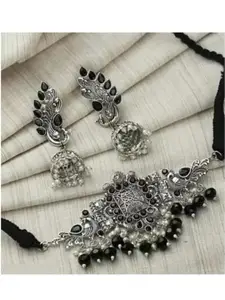 Sangria Silver-Toned Oxidised Necklace and Earrings