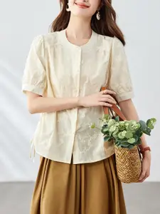 StyleCast Floral Embroidered Puff Sleeves Cotton Shirt Style Top
