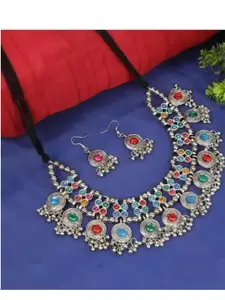 Sangria Silver-Toned Oxidised Necklace and Earrings