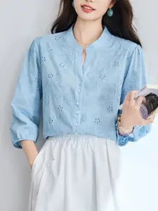 StyleCast Women Floral Embroidered High Neck Schiffli Cotton Top
