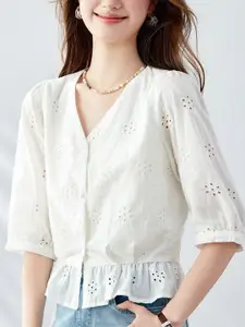 StyleCast Women Schiffli Floral Embroidered Puff Sleeve Cotton Peplum Top