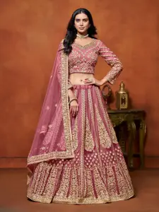 ODETTE Embroidered Thread Work Net Semi-Stitched Lehenga & Unstitched Blouse With Dupatta
