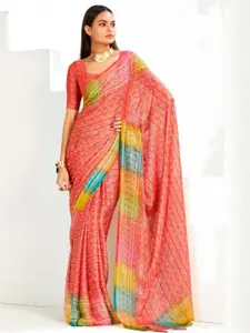 Stylum Bandhani Printed Shimmer Net Saree With Unstitched Blouse Piece