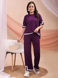 SRUTVA FASHION Purple Solid Round Neck T-Shirt With Trousers