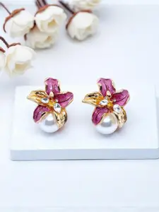 AVANT-GARDE PARIS Gold-Plated Stone Studded And Pearls Beaded Enamelled Floral Studs