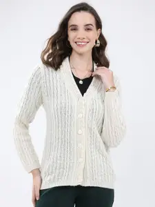 Monte Carlo Women Self Design Open Knit Woollen Cardigan Sweaters