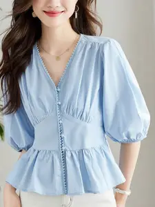 StyleCast Women V-Neck Puff Sleeves Cotton Empire Top