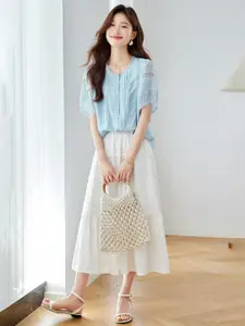 StyleCast Women Blue Self Design Round Neck Puff Sleeves Top