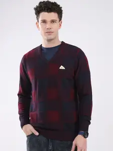 Monte Carlo Men Geometric Self Design V-Neck Woollen Pullover