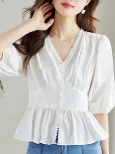 StyleCast Women V-Neck Cotton Peplum Crop Top