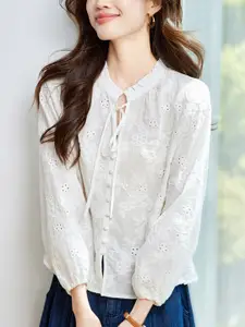 StyleCast Women Embroidered Tie-Up Neck Cotton Top
