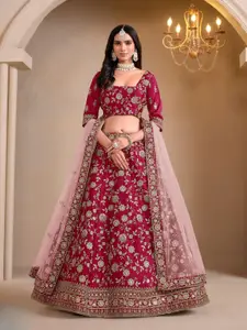 ODETTE Floral Embroidered Square Neck Sequinned Semi-Stitched Lehenga Choli