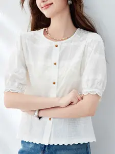 StyleCast Women Solid Puff Sleeves Cotton Shirt Style Top